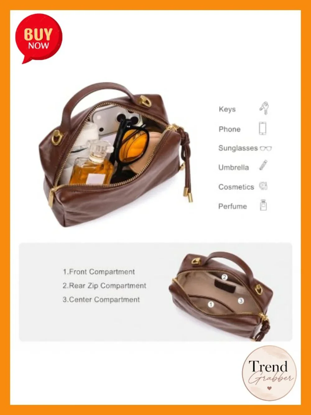 Genuine Leather Small Satchel Top Handle Crossbody with Double Zipper